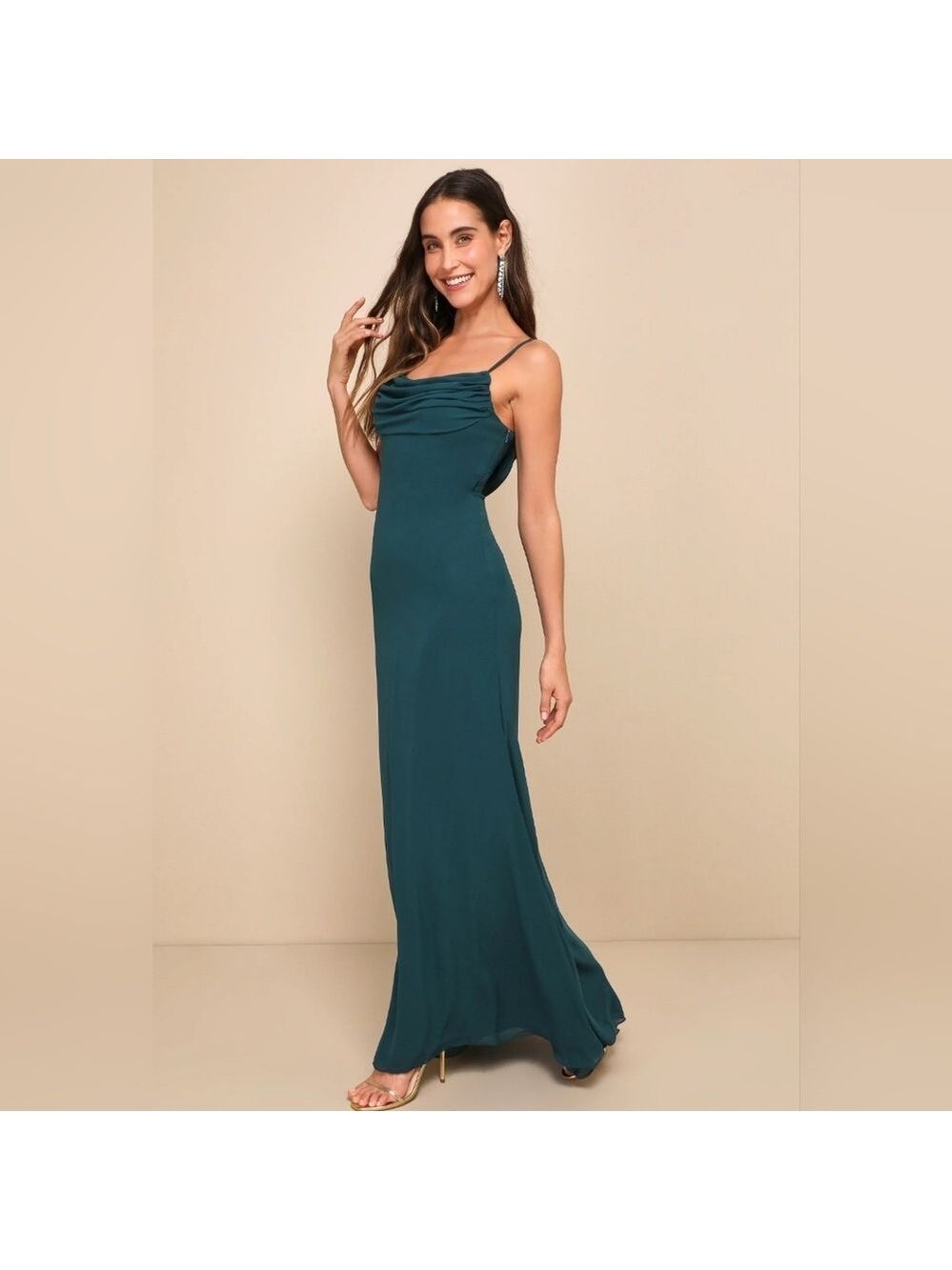 Lulus | Captivated Emerald Green Cowl Neck | Maxi Dress - Picture 4 of 6